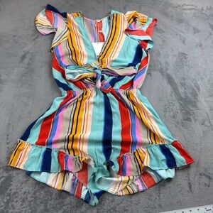 Umgee Womens Romper Size S V-Neck Ruffle‎ Front Tie Rainbow Boutique Preppy NEW